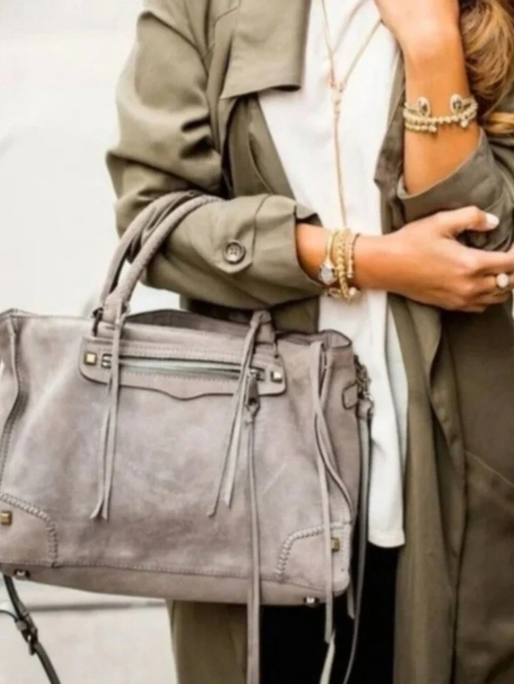 Rebecca Minkoff Regan 100% Genuine Pabbled Leather Bag Laptop Size Taupe Gray